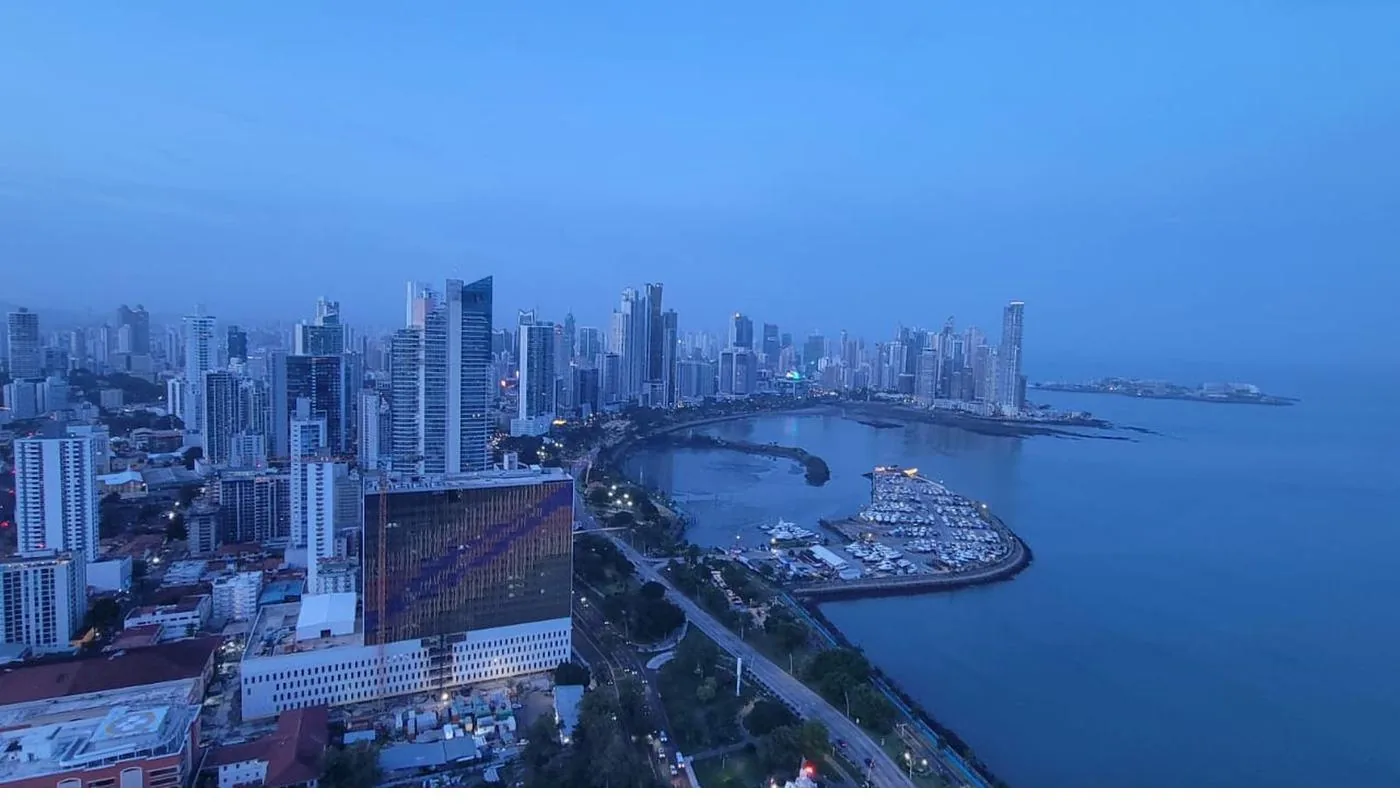Panama City skyline at dusk over the bay
