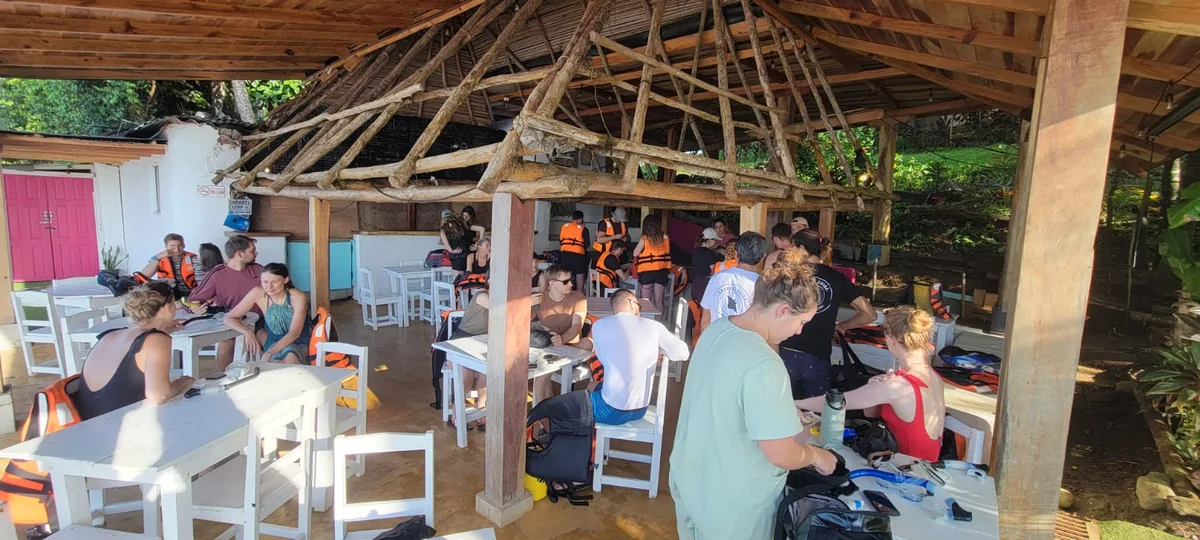 Guests wearing life vests during the safety briefing in Santa Catalina